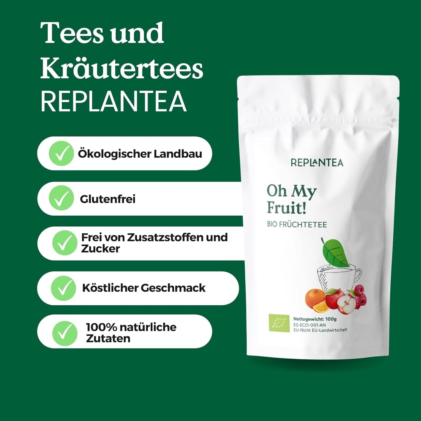 Oh My Fruit BIO herbata owocowa 100 g (50 filiżanek) | Herbata owocowa sypka z jabłkami, hibiskusem, malinami, pomarańczami i liśćmi stewii REPLANTEA