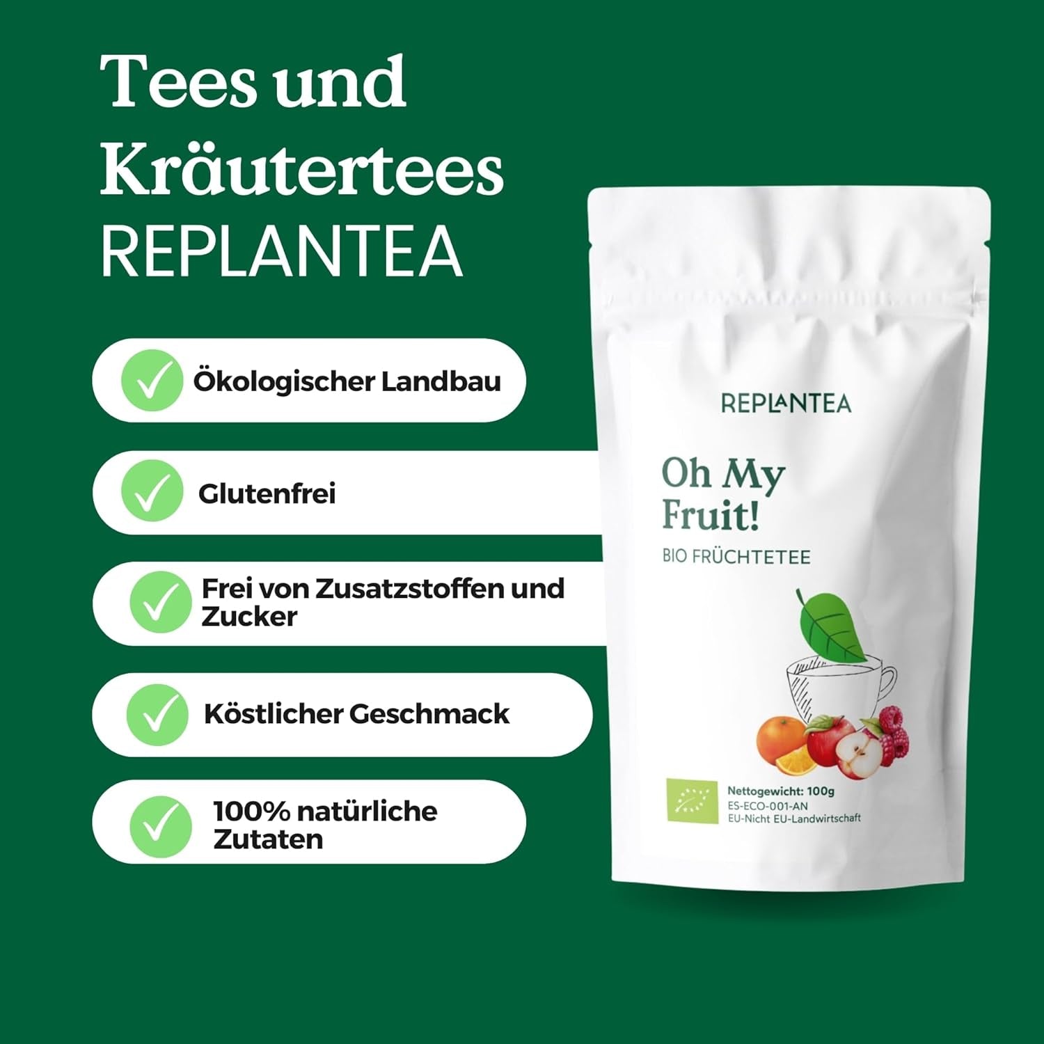 Oh My Fruit BIO herbata owocowa 100 g (50 filiżanek) | Herbata owocowa sypka z jabłkami, hibiskusem, malinami, pomarańczami i liśćmi stewii REPLANTEA