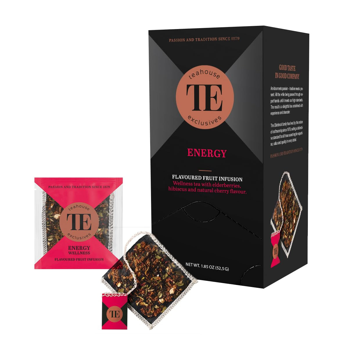 Teahouse Exclusives Luxury Tea Bag Energie, 15 torebek - Herbata Wellness z czarnym bzem, hibiskusem i naturalnym aromatem wiśni