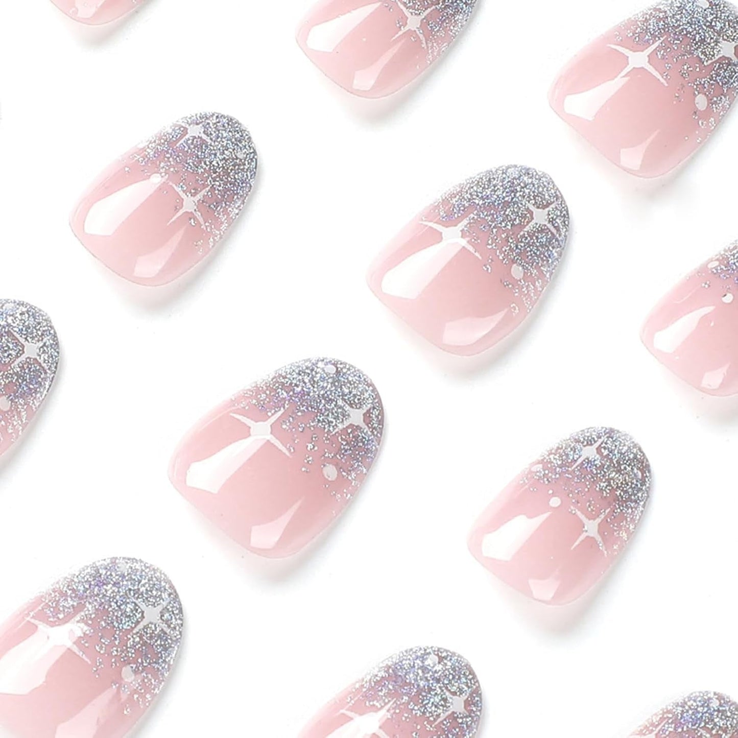 24 szt. French Press On Nails Krótkie błyszczące srebrne wzornictwo Owalne sztuczne paznokcie Klej na akrylowych błyszczących paznokciach Fałszywe paznokcie dla kobiet dziewczyn