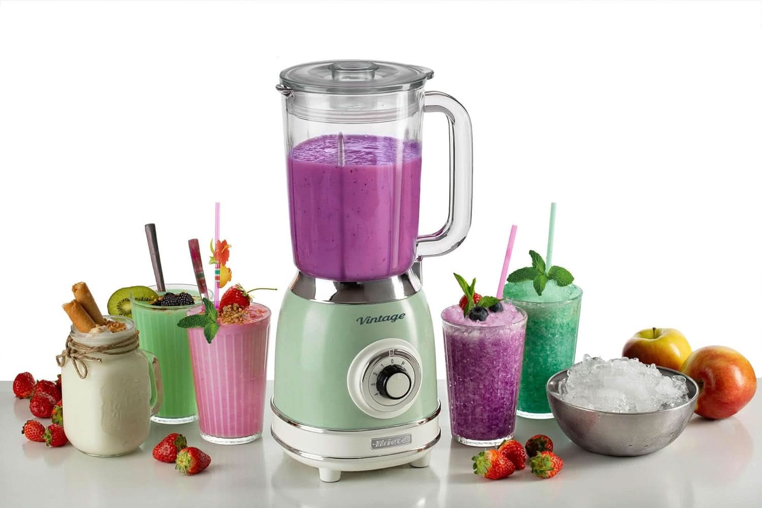 Ariete Vintage 583 Mixer Aus Glas, Retro Multifunktionsmixer Mit 4 Klingen, 4 Geschwindigkeiten + Pulse-Funktion, Funkcja kruszarki do lodu, 1,5 litra Fassungsvermögen, 1000W, Green Kitchen Naty Shop
