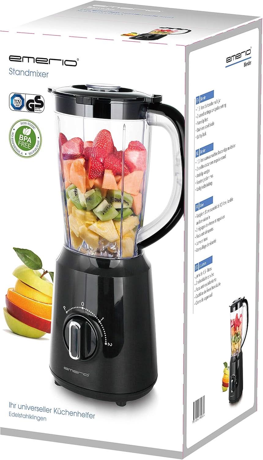 Mikser stojący Emerio BPA Frei Crush Ice Funktion 1,5 l Behälter 2 Geschwindigkeiten + Pulse Funktion Messereinheit Aus Edelstahl Sicherheitsschalter Geschirrspülgeeignet 500 W BL-12816.8 Schwarz Bucatarie Naty Shop