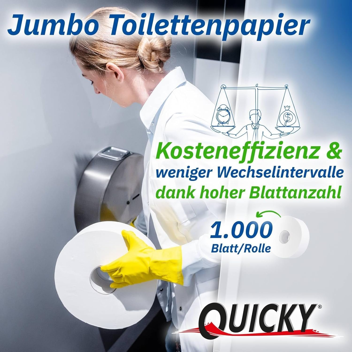 Dwuwarstwowy papier toaletowy Quicky Jumbo, średnica 25 cm, jasnobiały, wytłoczony w drobne kropki, 6 rolek - chłonny i odporny na rozdarcie, zapewniający maksymalną higienę, idealny dla instytucji publicznych i przemysłu