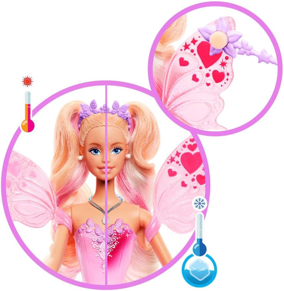 Lalka Barbie Mattel z magiczną różdżką i modnymi dodatkami, motyw fantasy ze skrzydłami i strojem zmieniającym kolor, JCP76, [wielokolorowy]