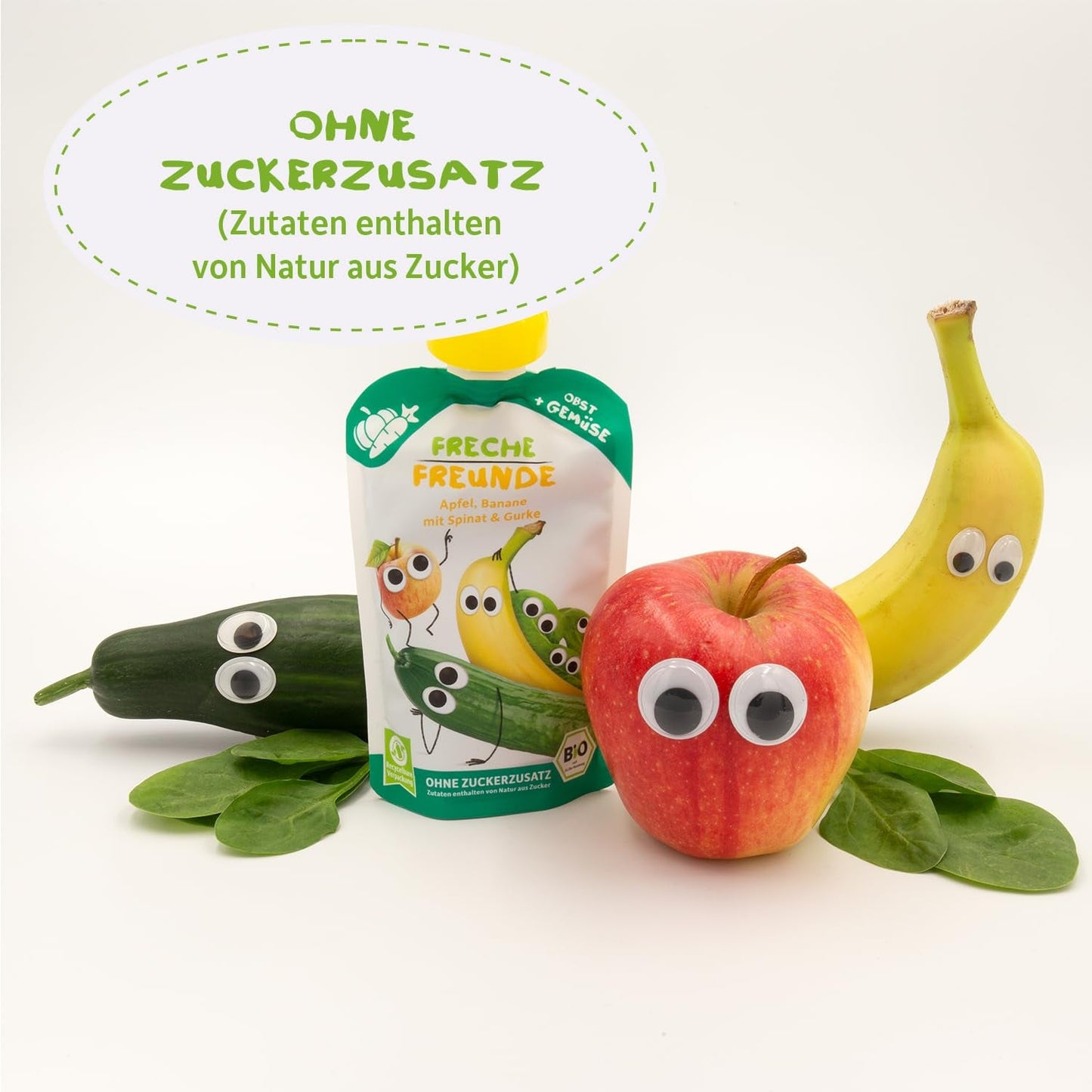FRECHE FREUNDE Ekologiczne woreczki do wyciskania z jabłkami, bananami, szpinakiem i ogórkiem, puree owocowe i warzywa w wyciskanym woreczku dla dzieci od 6. miesiąca życia, wegańskie, opakowanie 6 szt. (6 x 100 g)