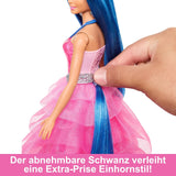 Barbie Ukryta Magia - lalka jednorożec, różowa sukienka z szafirowymi detalami, opaska jednorożca, odpinane szafirowe skrzydła i ogon, od 3 lat, HRR16