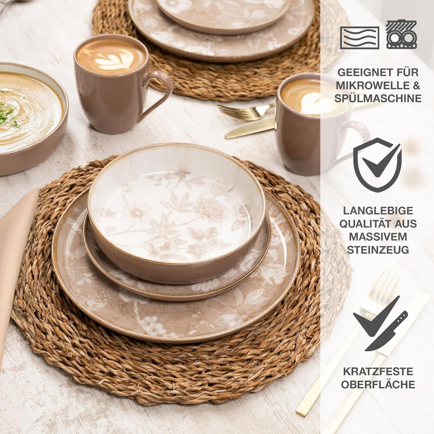 Moritz & Moritz MARIELLA 6-osobowy 24-częściowy zestaw obiadowy z kamionki - Nowoczesna beżowa zastawa stołowa o zabawnym designie, łatwy w pielęgnacji serwis kawowy z talerzami, miskami i filiżankami - Zestaw kombinowany