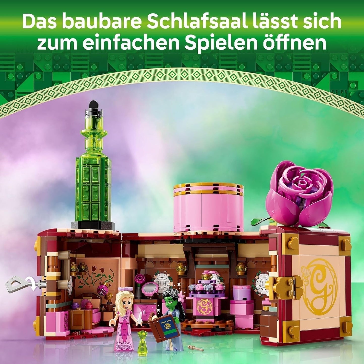 LEGO Wicked Glinda i sypialnia Elphaby — domek dla lalek z 2 mini lalkami Czarownic z krainy Oz, fajnymi akcesoriami, w tym kwiatami i strojami — kreatywna zabawka dla dziewczynek w wieku powyżej 8 lat i fanów — 75683 Zestawy do budowania Besuche den LEGO-Store