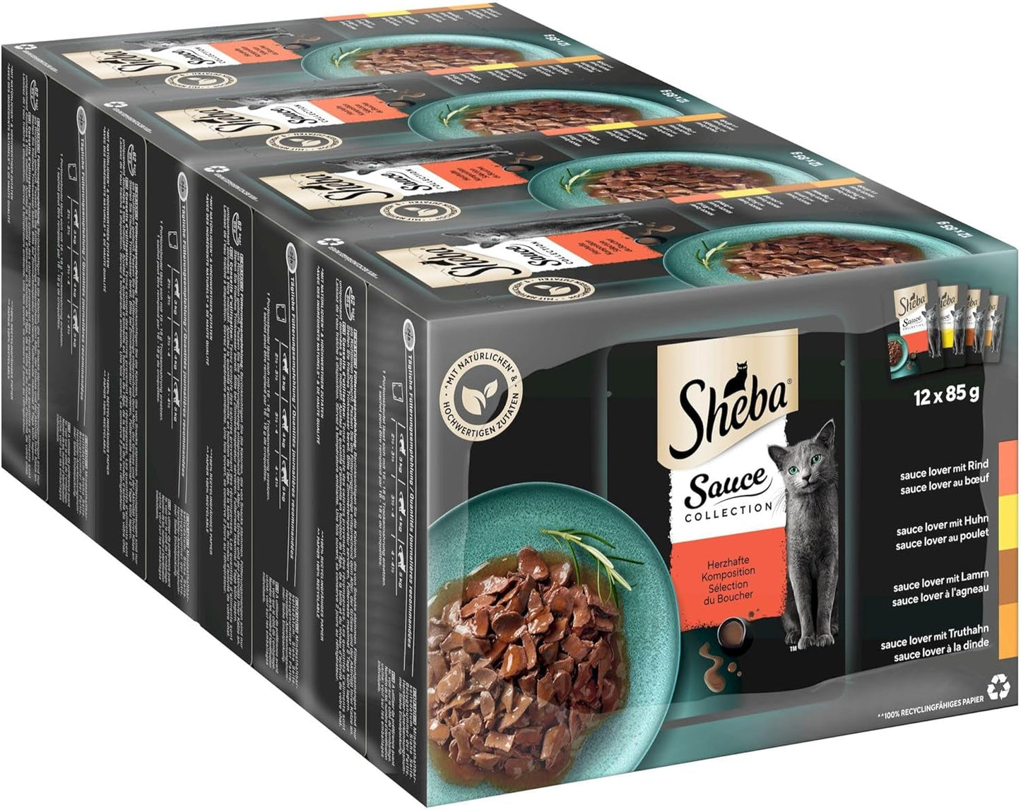 Sheba Sauce Collection Mokra karma dla kotów, porcjowane saszetki, słone opakowanie zbiorcze, 4x12x85g