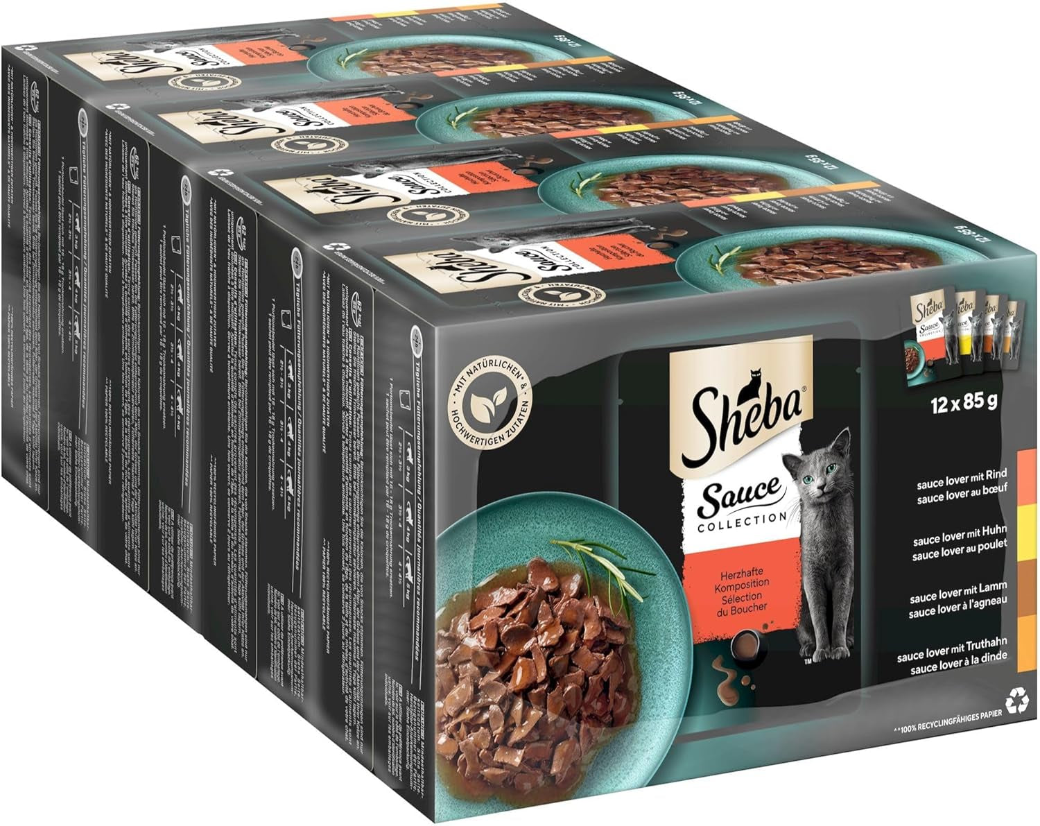Sheba Sauce Collection Mokra karma dla kotów, porcjowane saszetki, słone opakowanie zbiorcze, 4x12x85g