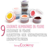 Scrapcooking - Zestaw 9 barwników spożywczych w proszku - Niebieski, Żółty, Różowy, Fioletowy, Pomarańczowy, Limonkowy, Czerwony, Pudrowy róż, Czarny - Jadalny proszek barwiący do ciast, babeczek, makaroników - 4270