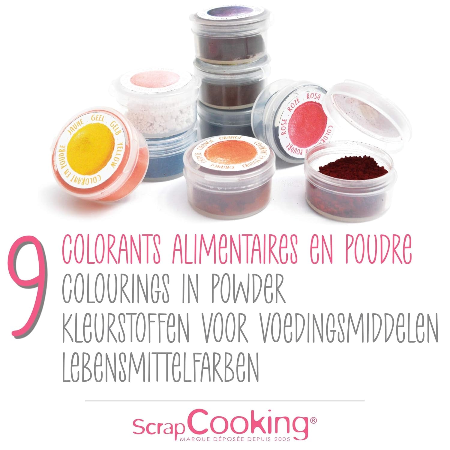 Scrapcooking - Zestaw 9 barwników spożywczych w proszku - Niebieski, Żółty, Różowy, Fioletowy, Pomarańczowy, Limonkowy, Czerwony, Pudrowy róż, Czarny - Jadalny proszek barwiący do ciast, babeczek, makaroników - 4270
