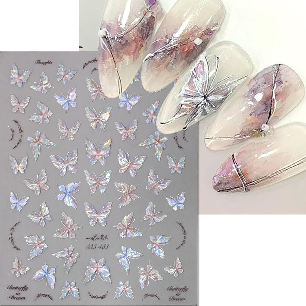 Glänzend Aurora Shell Schmetterling Nagelsticker Selbstklebend,Erleichterung Schmetterlinge Nail Naklejka Rosa Laser Schmetterling Nagelaufkleber Für Frauen Nageldesign Zubehör Nagel Zubehör Nail Art