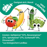 FRECHE FREUNDE Ekologiczne woreczki do wyciskania z jabłkami, bananami, szpinakiem i ogórkiem, puree owocowe i warzywa w wyciskanym woreczku dla dzieci od 6. miesiąca życia, wegańskie, opakowanie 6 szt. (6 x 100 g)