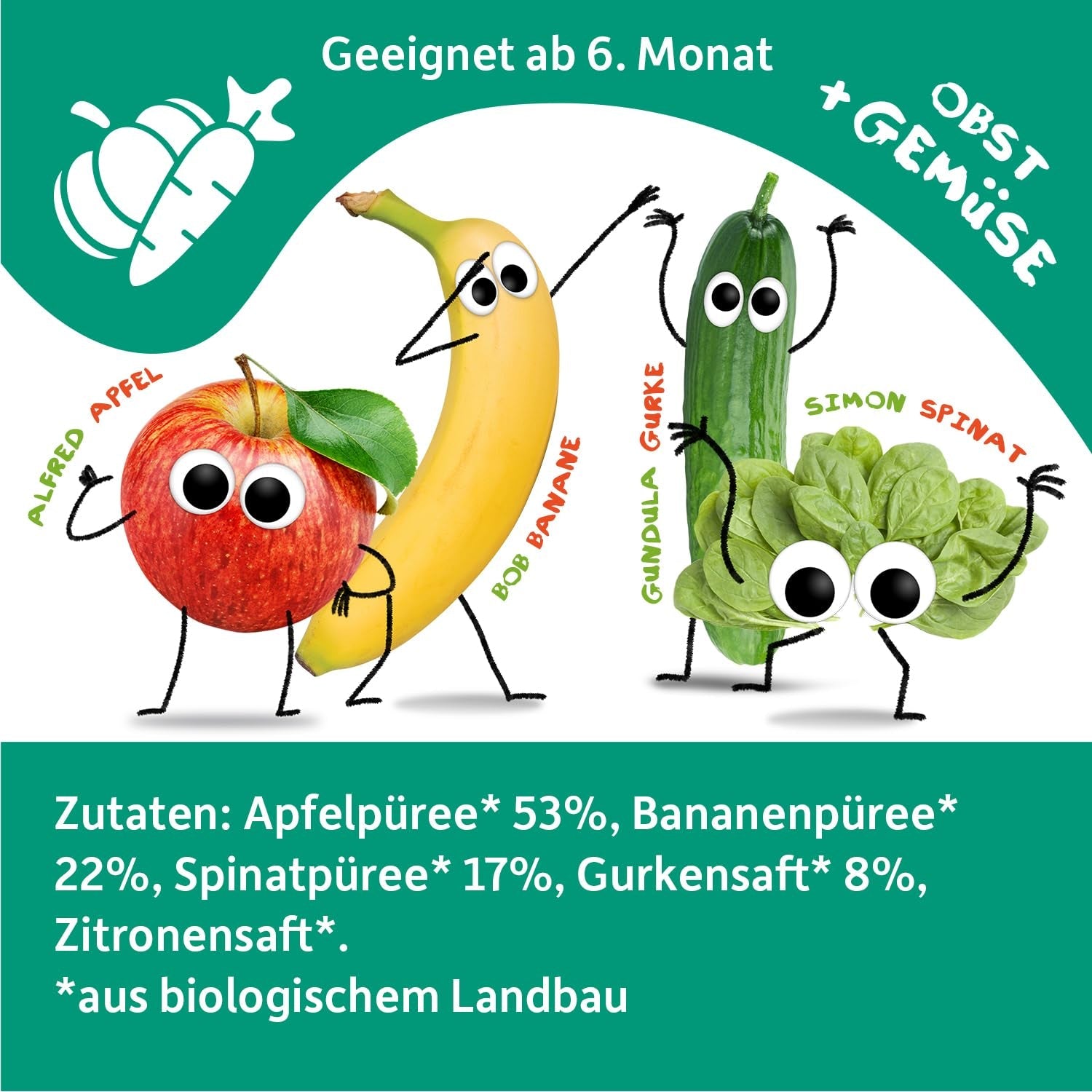 FRECHE FREUNDE Ekologiczne woreczki do wyciskania z jabłkami, bananami, szpinakiem i ogórkiem, puree owocowe i warzywa w wyciskanym woreczku dla dzieci od 6. miesiąca życia, wegańskie, opakowanie 6 szt. (6 x 100 g)