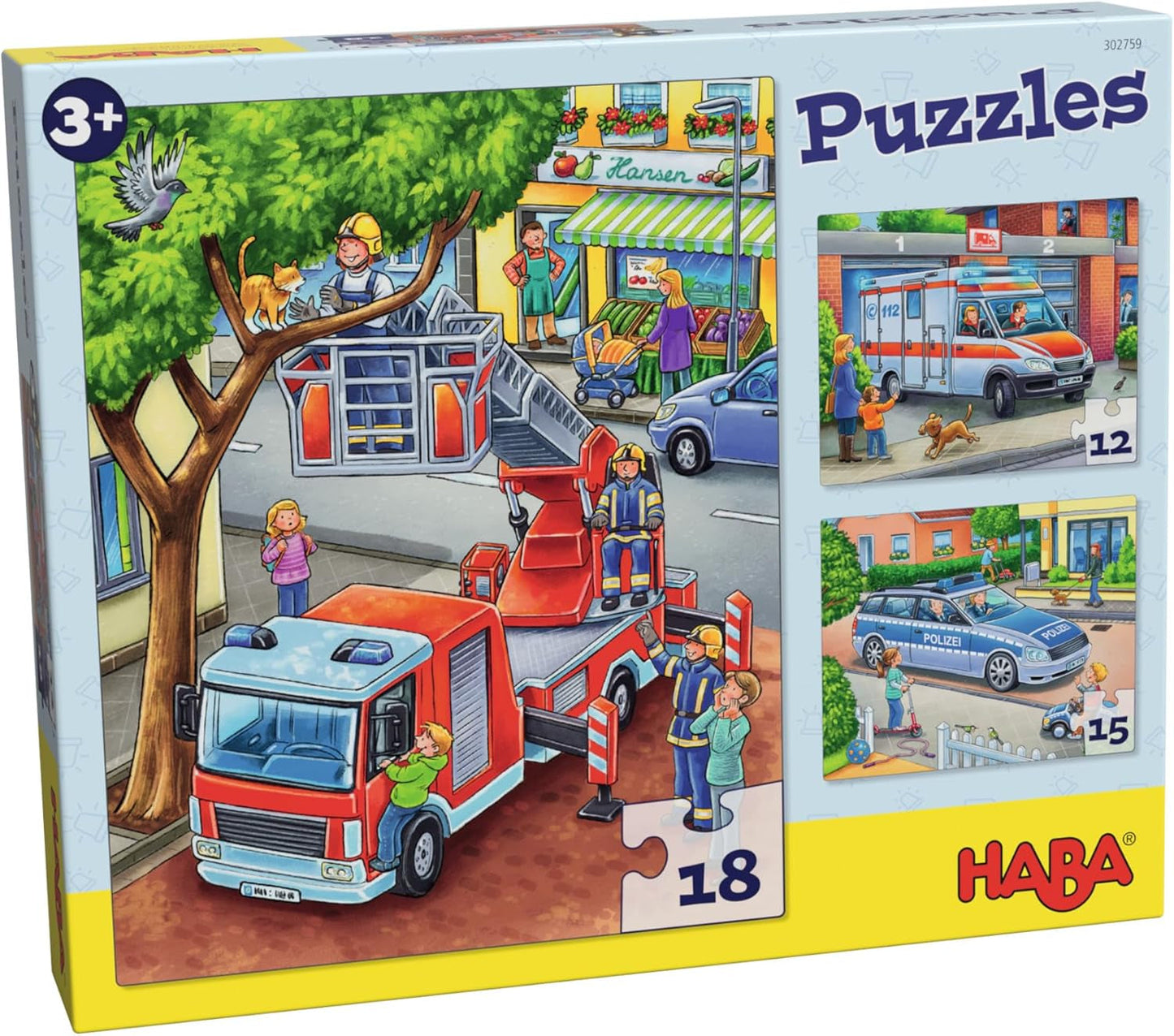 Puzzle straży pożarnej HABA - 3-częściowy zestaw dla dzieci w wieku od 3 lat. Kartonowe puzzle policji i pogotowia - wspierają zdolności motoryczne i koncentrację - 1302759001 Puzzle Naty Shop Default Title