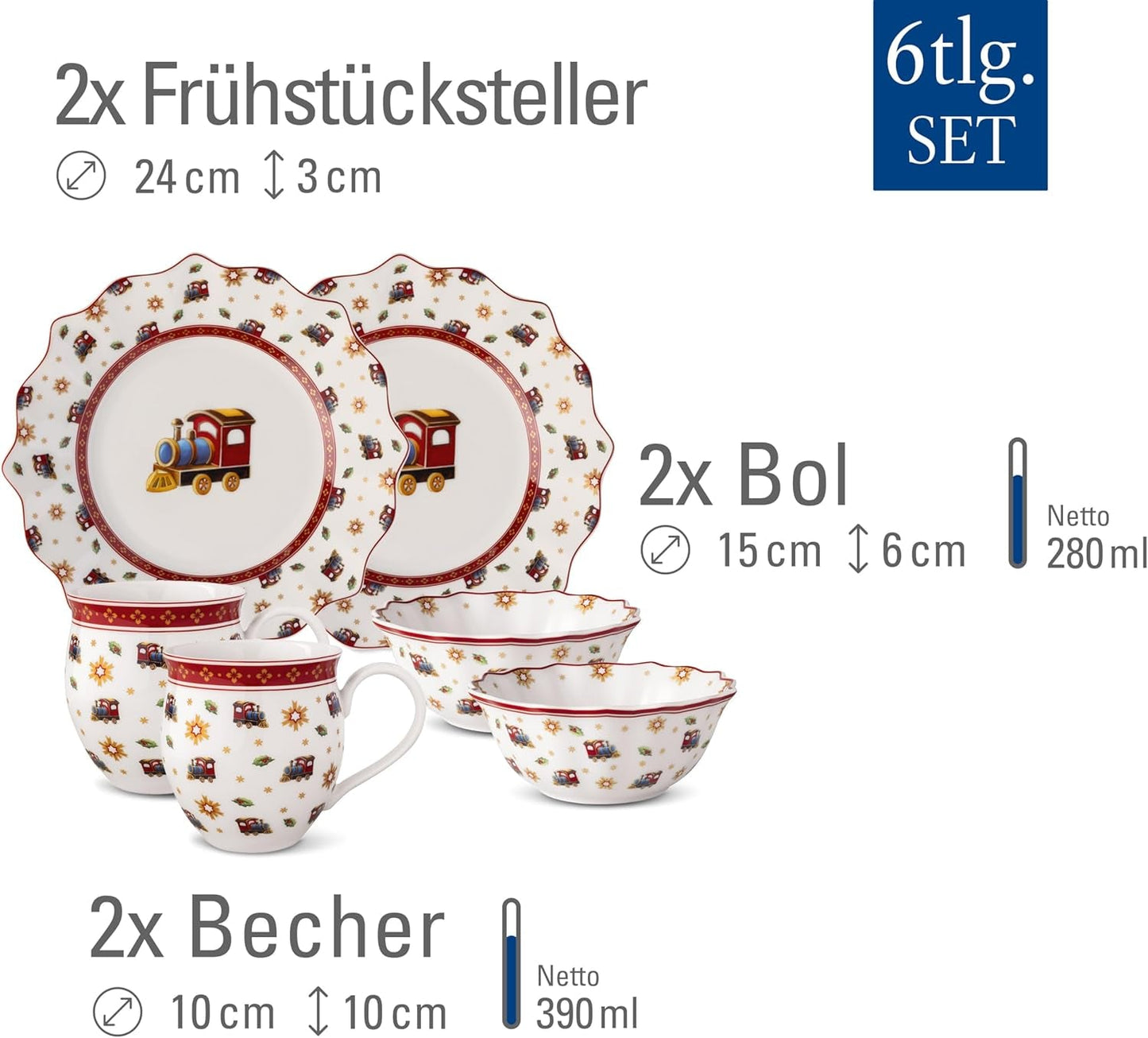 Villeroy & Boch - Zestaw śniadaniowy Toy's Delight dla 2 osób, wzór lokomotywy, 6 sztuk, kolorowy, bożonarodzeniowy, zestaw obiadowy z talerzami, filiżankami i miskami na śniadanie, świąteczne zastawy stołowe, porcelana Premium