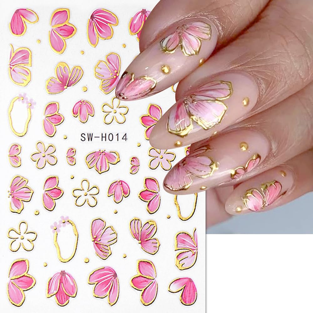 Złota Linie Schieber Rosa Nagelsticker Blumen 3D Kwiatowa naklejka na paznokcie Sakura Blütenblätter Blumen Nagelaufkleber Frühling Sommer Floral Nagel Naklejka Kwiaty Nagel Naklejki Nageldesign Zubehör Nail Art