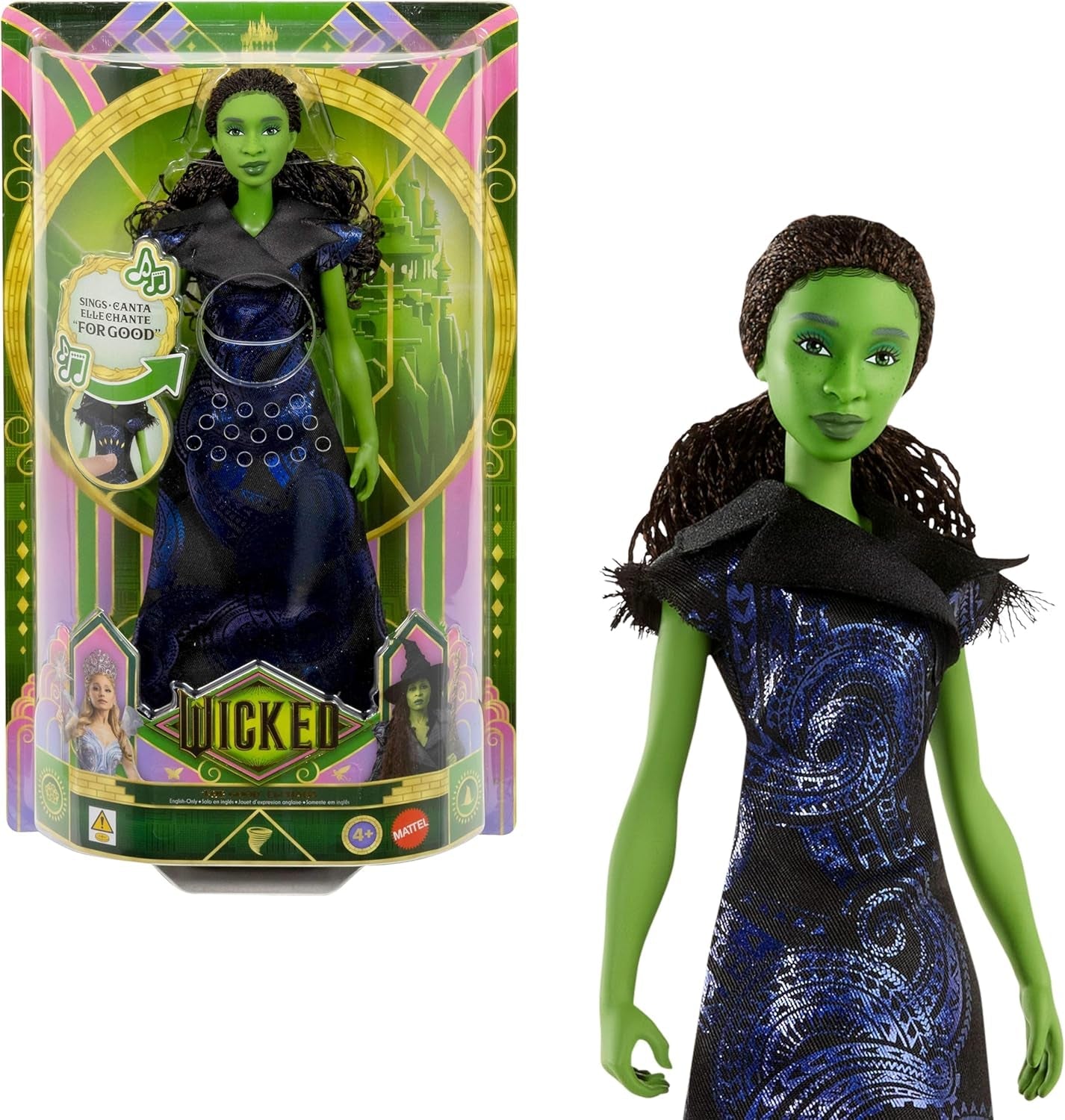 Mattel Wicked: śpiewająca lalka Elphaba Fashion firmy Universal Pictures z odpinanym strojem inspirowanym filmem śpiewa „na dobre” po angielsku, JFM09