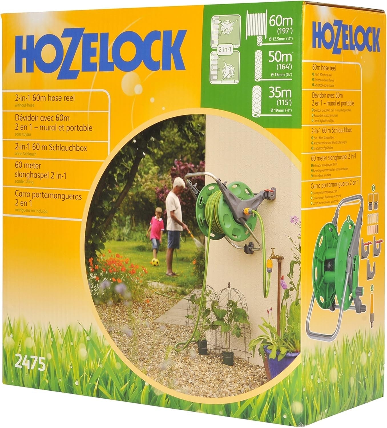HOZELOCK – Bęben na wąż 2 w 1 (lina nośna nie wchodzi w skład zestawu) 60 m: wolnostojący lub montowany na ścianie, łatwy do przenoszenia, ale wytrzymały i trwały. Elastyczne zastosowanie w ogrodzie [2475R0000]