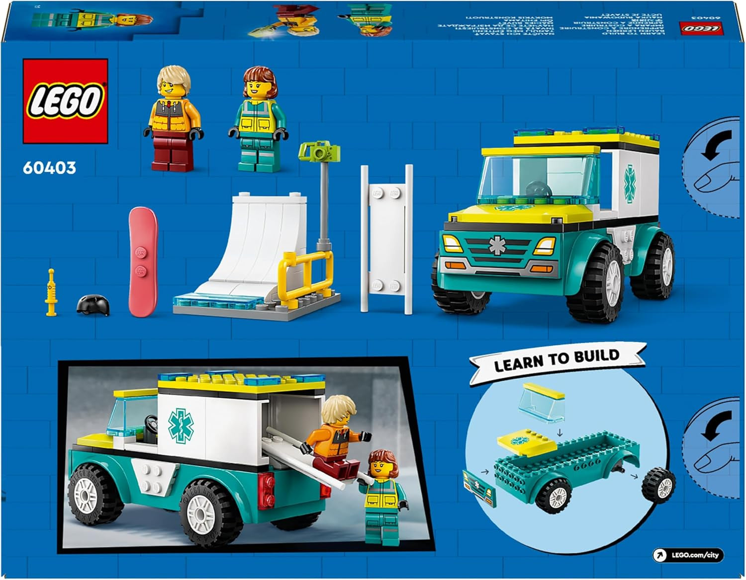 LEGO City Karetka i snowboardzista, zestaw karetki pogotowia z samochodzikiem i 2 minifigurkami, figurka snowboardzisty i ratownika medycznego, pomysłowy prezent dla chłopców i dziewcząt od 4 lat 60403 Zestawy do budowania Besuche den LEGO-Store