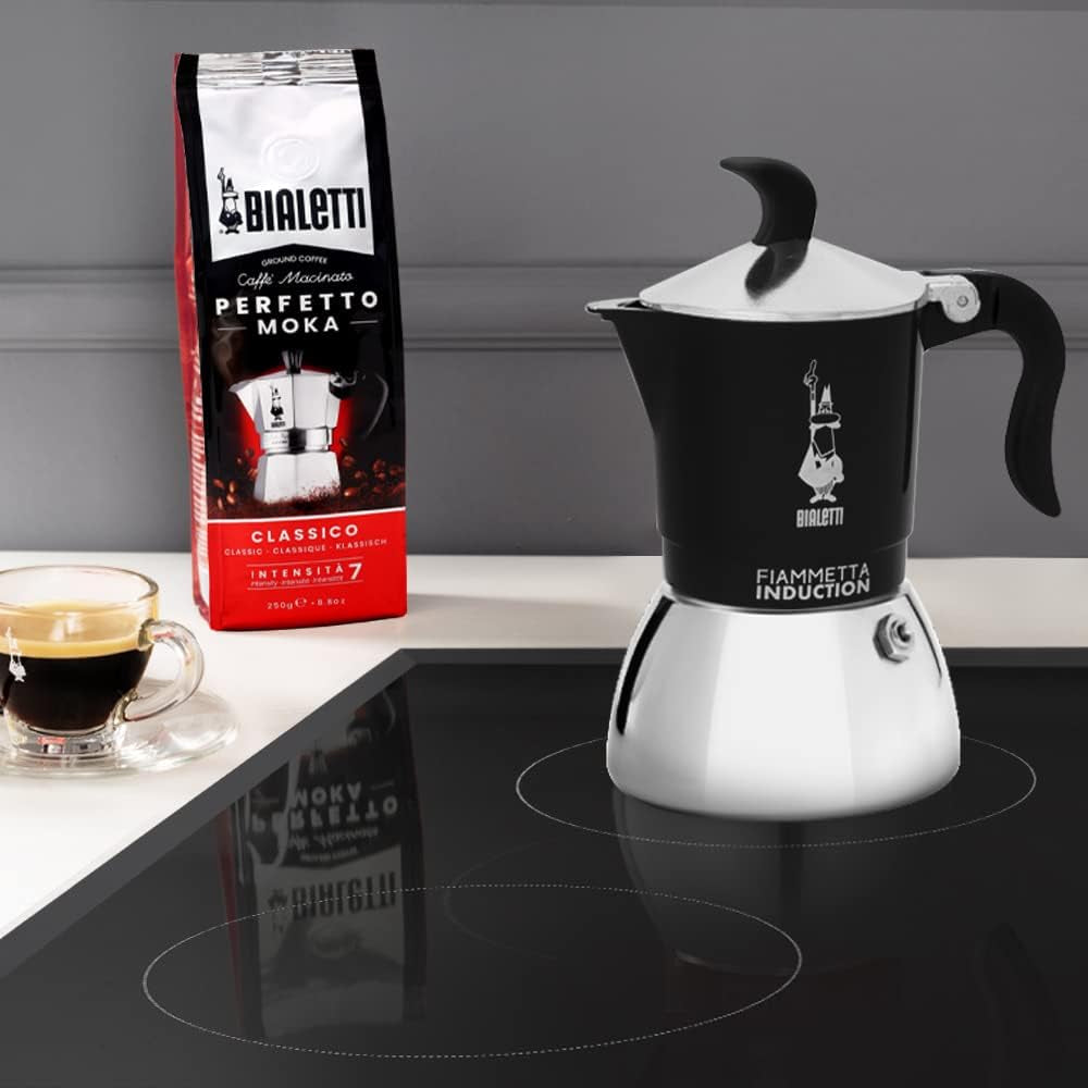Indukcyjny ekspres do kawy Bialetti Fiammetta, 2 filiżanki (100 ml), odpowiedni do wszystkich rodzajów płyt grzewczych, elegancki wygląd, czarny