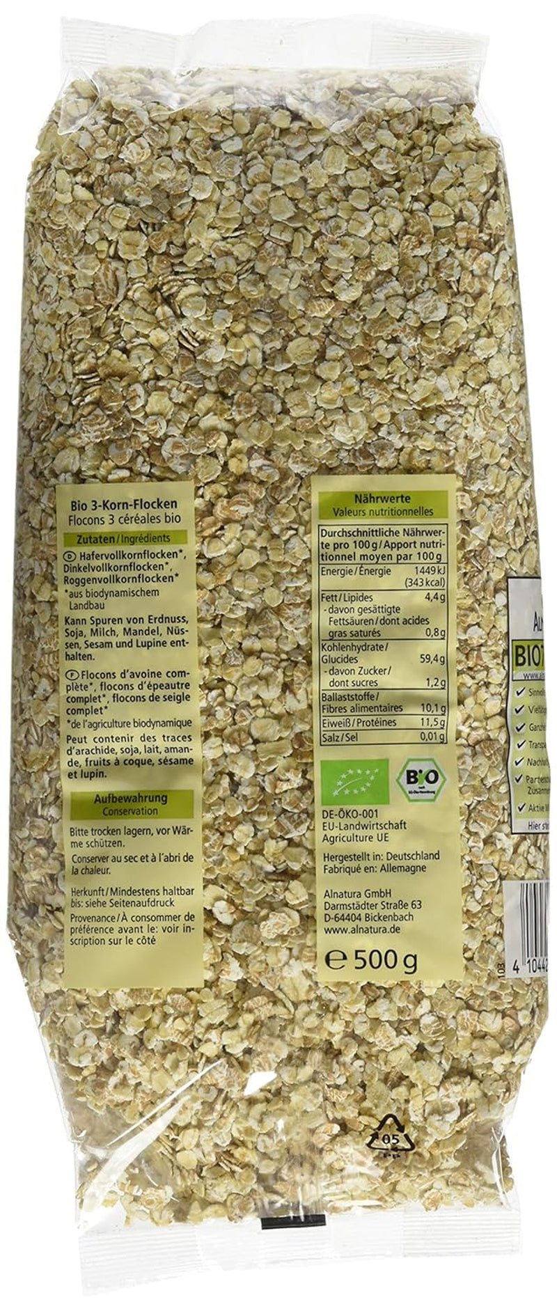 Bio 3-Korn Flocken, 500 g płatków zbożowych Naty Shop