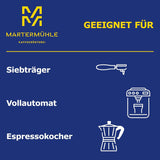Ziarna espresso Martermühle Cioccolato 500g Mocne | Arabika/Robusta | Smaki: Orzechy makadamia, mleczna czekolada | Jasno palone całe ziarna espresso, niska kwasowość