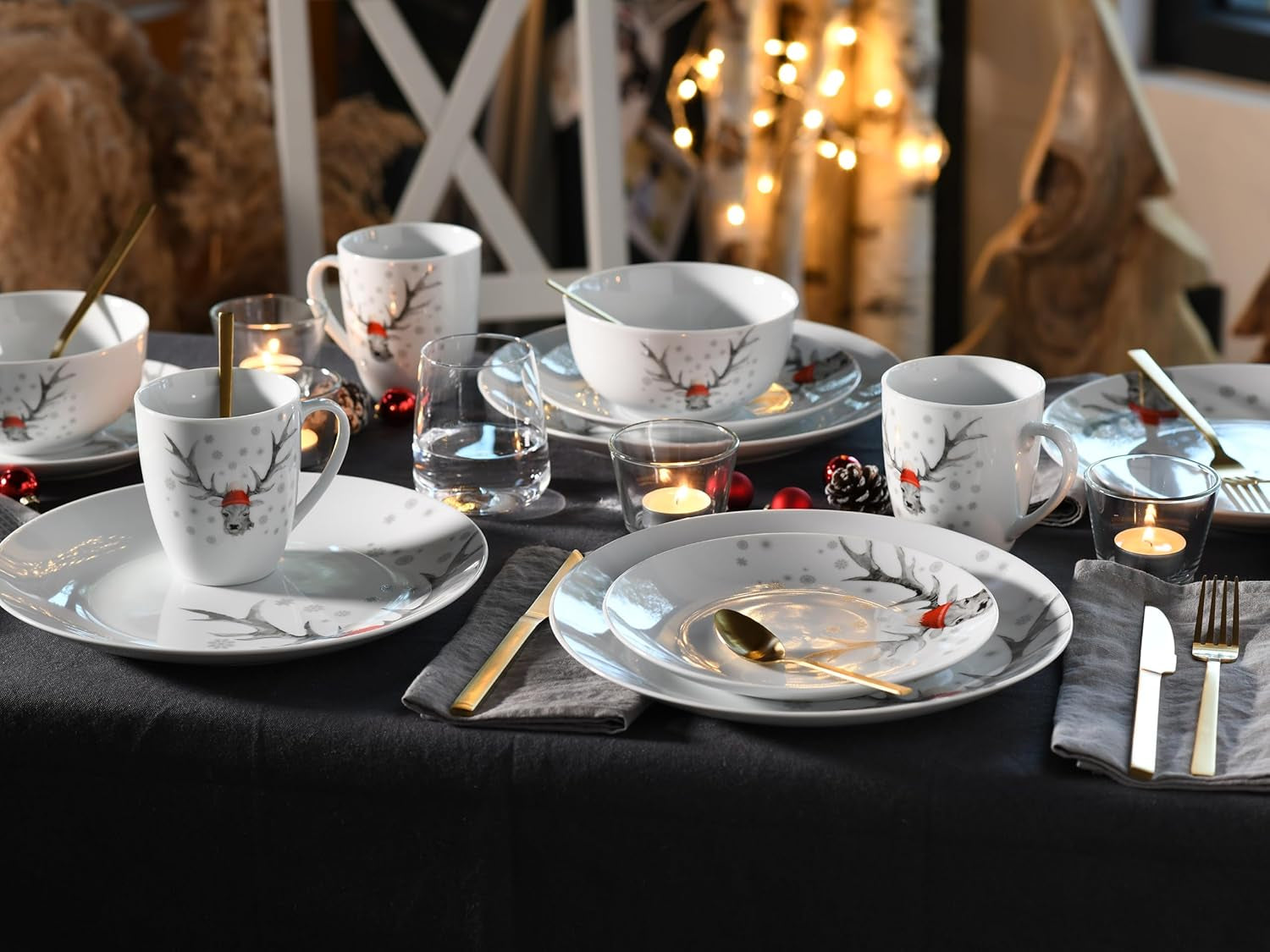 CreaTable, 21498, seria Luna Hirsch, 18-częściowy zestaw naczyń obiadowych dla 6 osób, porcelanowy zestaw śniadaniowy, można myć w zmywarce i używać w kuchence mikrofalowej, jakość produkcji