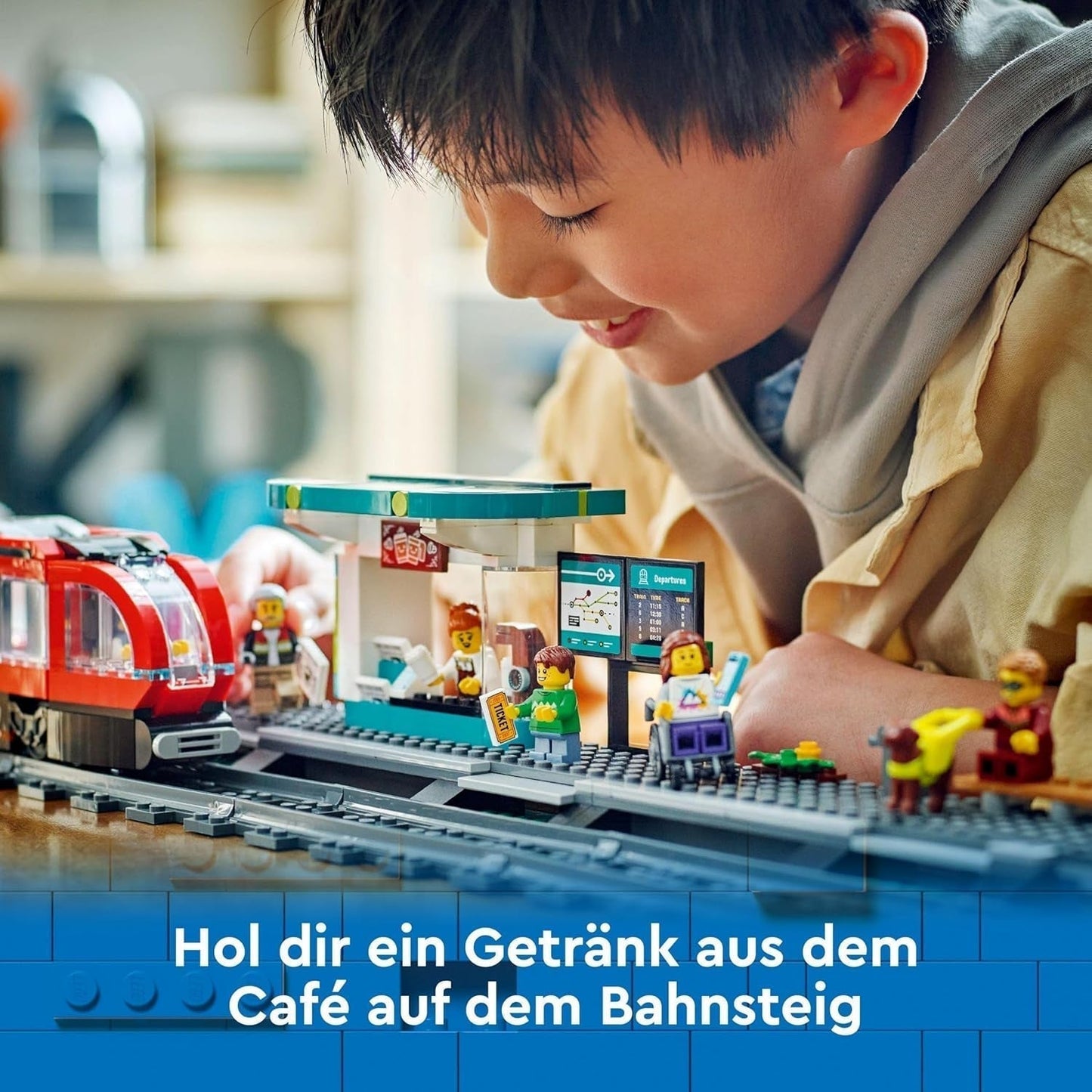 LEGO City tramwaj ze stacją, pomysł na prezent dla fanów zabawek samochodowych od 7 lat, z 6 minifigurkami i psem przewodnikiem do odgrywania ról, zabawka do budowania 60423 Zestawy do budowania Besuche den LEGO-Store