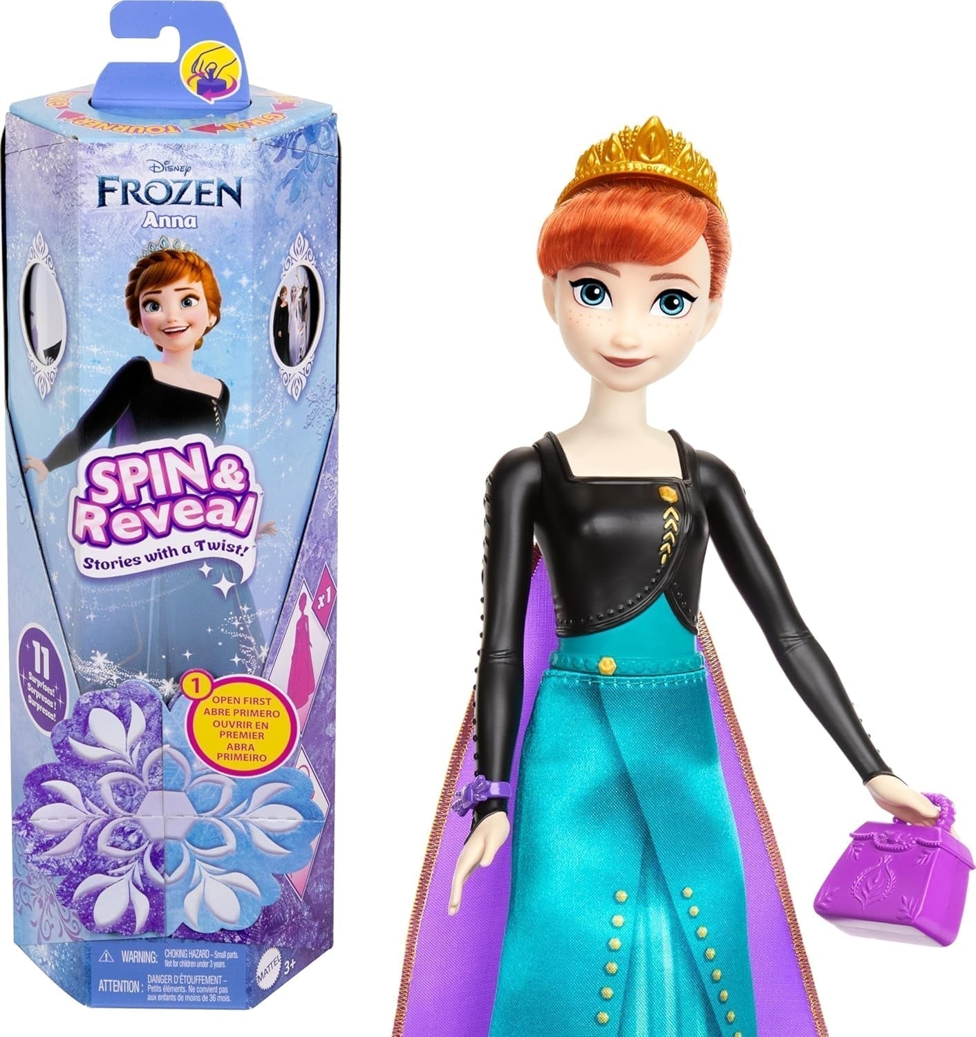 Mattel Disney Zestaw lalek Anna Królowa Lodu, Spin & Reveal z 11 niespodziankami, w tym 5 akcesoriów, 5 naklejek i sceną do zabawy, inspirowany filmem Disneya, domyślny tytuł HXD27 Naty Shop Dolls