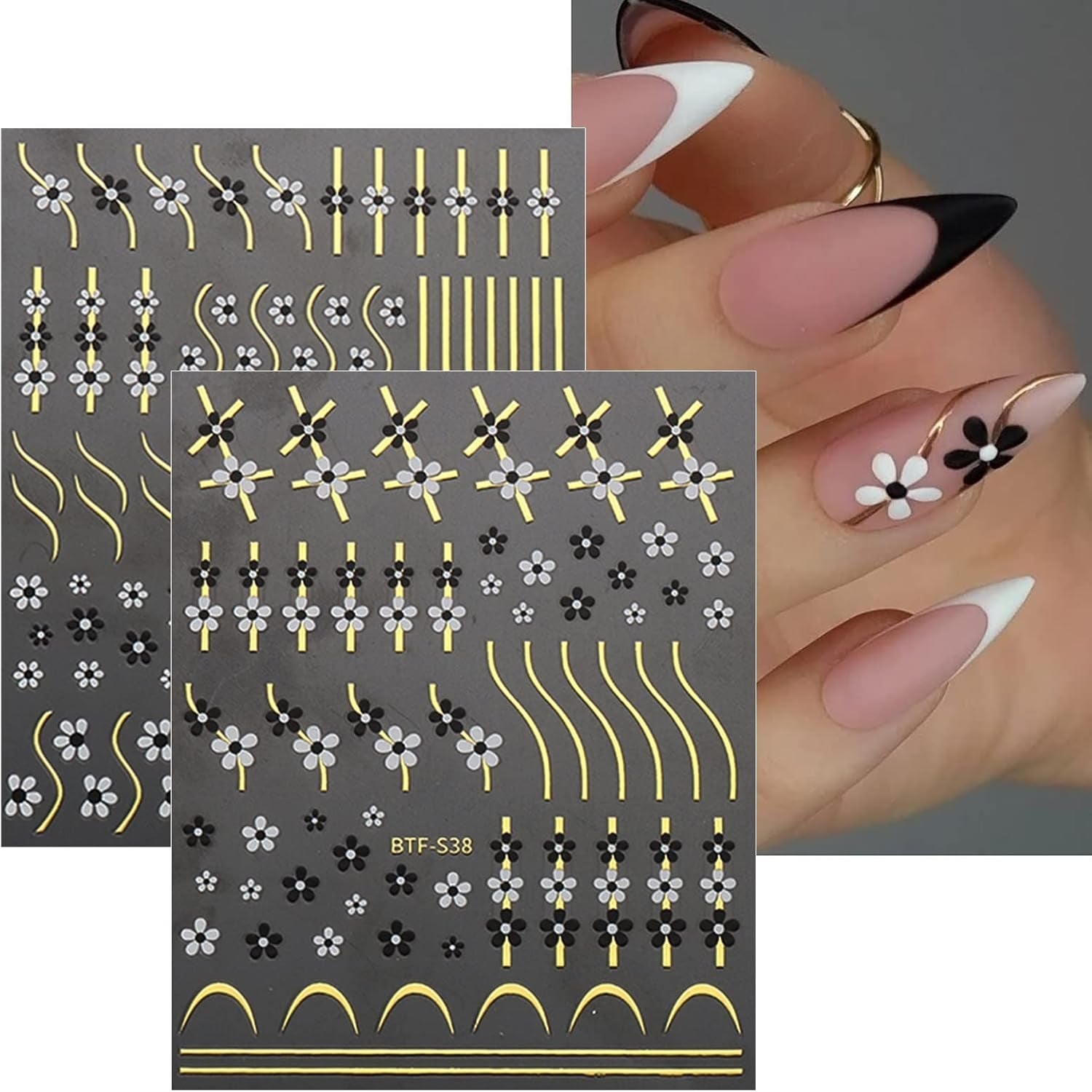 JMEOWIO Nagelsticker Herz Linien Blumen 9 Blatt Nail Art Naklejka Selbstklebend Nagelaufkleber Bunte Dekoration Nageldesign Zubehör