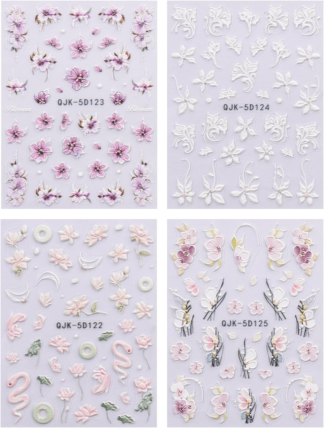 JMEOWIO 3D Nagelsticker Blumen Nail Art Naklejka Selbstklebend Nagelaufkleber 5D Stereoskopisch Frühling Sommer Dekoration Nageldesign Zubehör 4 Blatt