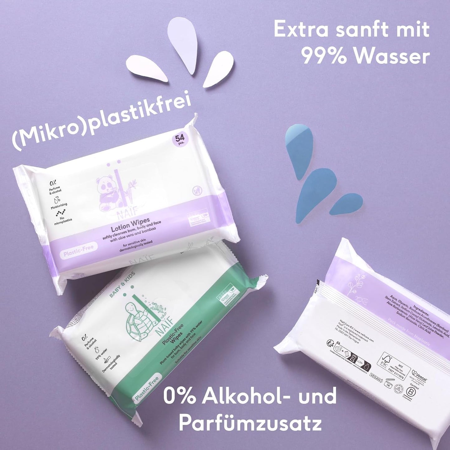 Naïf - Chusteczki nawilżane bez plastiku - 1296 sztuk (24 sztuki x 54 chusteczki nawilżane) - Do pupy dziecka, pielęgnacji ciała i twarzy - 99% wody - 0% substancji zapachowych i alkoholu