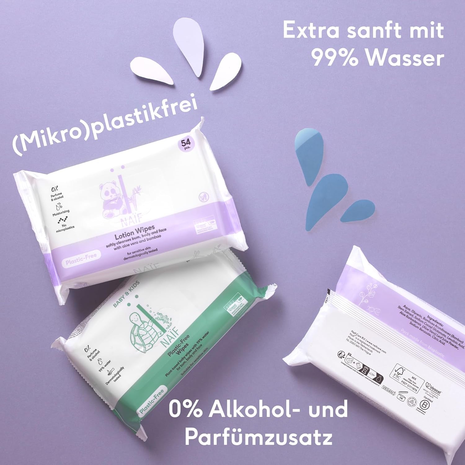 Naïf - Chusteczki nawilżane bez plastiku - 1296 sztuk (24 sztuki x 54 chusteczki nawilżane) - Do pupy dziecka, pielęgnacji ciała i twarzy - 99% wody - 0% substancji zapachowych i alkoholu