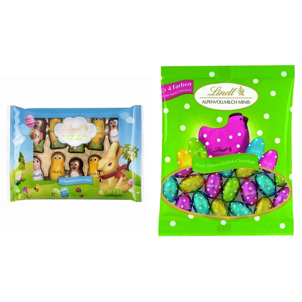 Mali Wielkanocni Przyjaciele z Czekoladą | 2 x 100 g i dekoracja czekoladowa Mini jajka z mlekiem alpejskim | 2 x saszetki 180 g | Jajka premium z mlecznej czekolady, radośnie i kolorowo opakowane, w czterech kolorach na Wielkanoc
