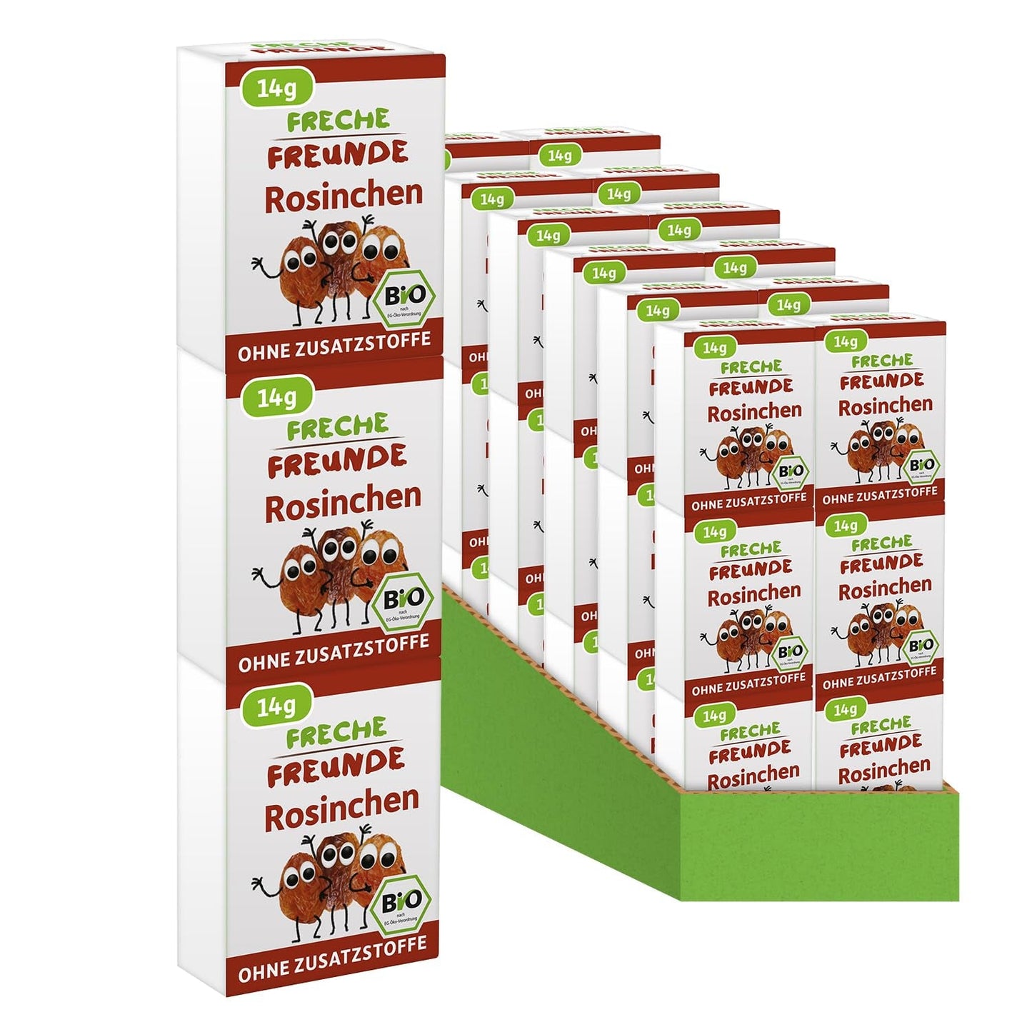 FRECHE FREUNDE Organiczne rodzynki, Trockenfrüchte ohne Zucker, ohne Zusatzstoffe, ungeschwefelt, in kleinen Snackboxen, Sultaninen für Kinder, opakowanie 20er, 20 x (3x14g)