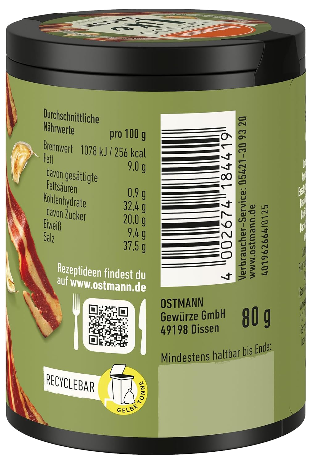 Ostmann Gewürze - Zróbmy jak bekon | Bacon-Geschmack für ungewürzte Fleischersatzprodukte | Gewürzsalz für Tofu i wegetariańskie/wegańskie Eintöpfe | 80 g w koszu Metalldose