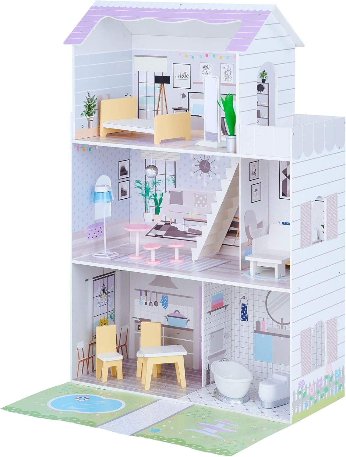 Teamson Kids Olivia's Little World Gigantyczny domek dla lalek z 16 akcesoriami dla lalek, drewniany domek dla lalek z meblami, 3-piętrowy, 30 cm domek dla lalek dla dzieci w wieku 3+