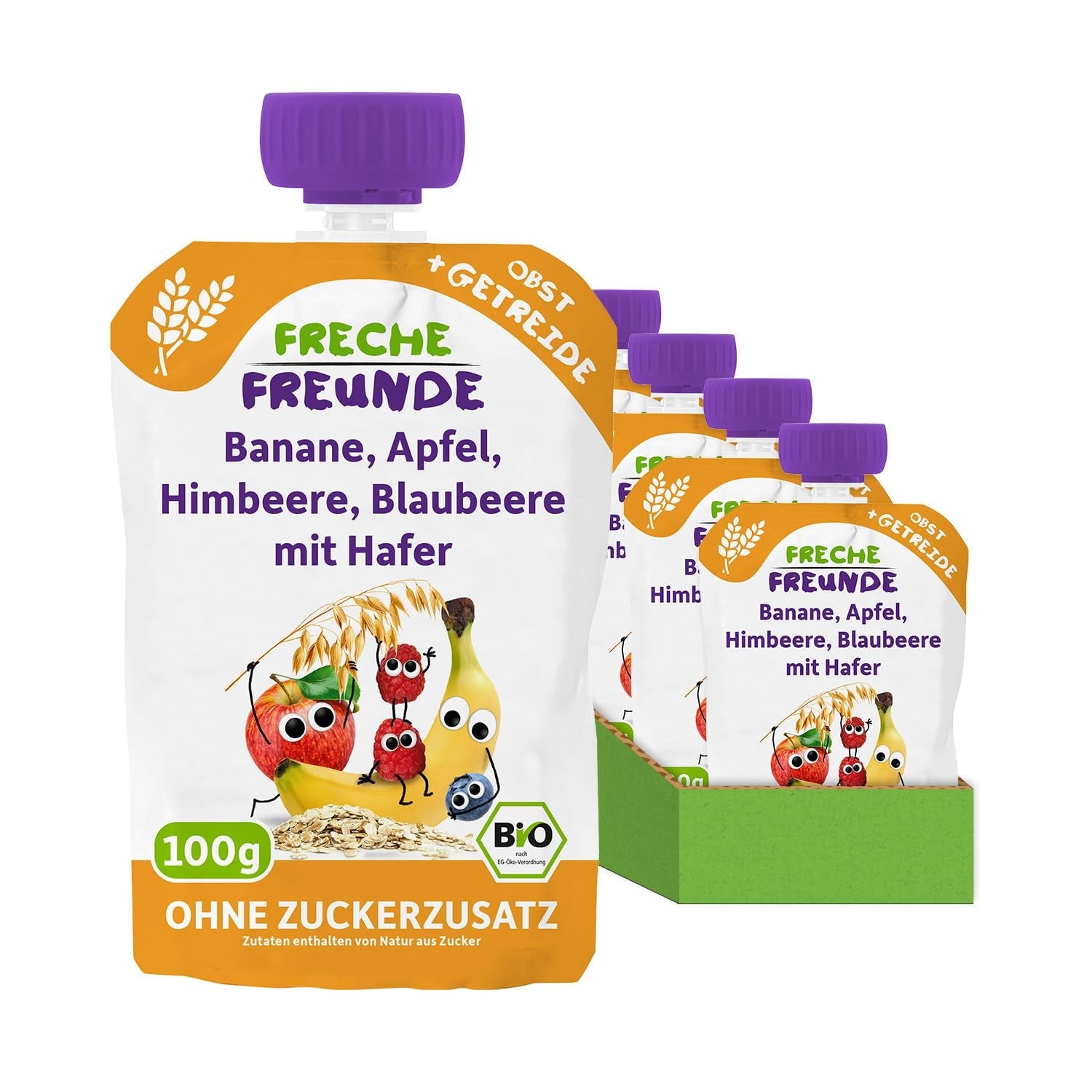 FRECHE FREUNDE Organiczna saszetka owocowa Banan, jabłko, malina, jagoda z owsem, puree owocowe ze zbożami w wyciskanej torebce dla dzieci od 6. miesiąca życia, wegańskie, opakowanie 6 szt. (6 x 100 g)