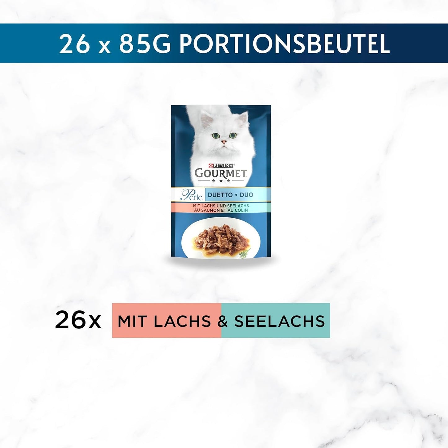 Gourmet Perle Duetto Łosoś i żółty dorsz Mokra karma dla kotów, 26 opakowań (26 x 85 g)