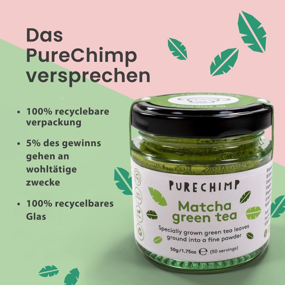 Purechimp Ceremonial Grade Matcha w proszku 50g. 100% czysta, cieniowana herbata w proszku do latte, naparów i przepisów. Słoik nadający się do recyklingu. Bogaty w przeciwutleniacze.