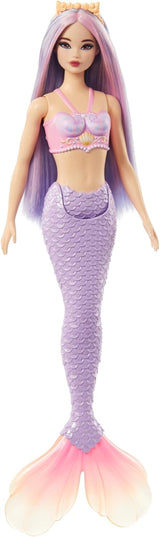 Lalka Barbie Syrenka z fantazyjnymi różowymi i liliowymi włosami i opaską na głowę, muszlowy top i lalka z lawendowo-niebieskim ogonem, lalki HRR06 Naty Shop