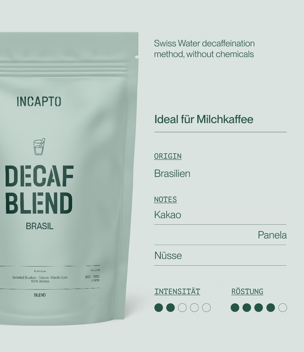 Incapto Ganze Entkofeinierte Kaffeebohnen | Ohne Chemikalien | Mischung aus 100% Arabica-Kaffee aus Brasilien | Ungemahlen Espresso Bohnen | Kawa bezkofeinowa Swiss Water, opakowanie 500g