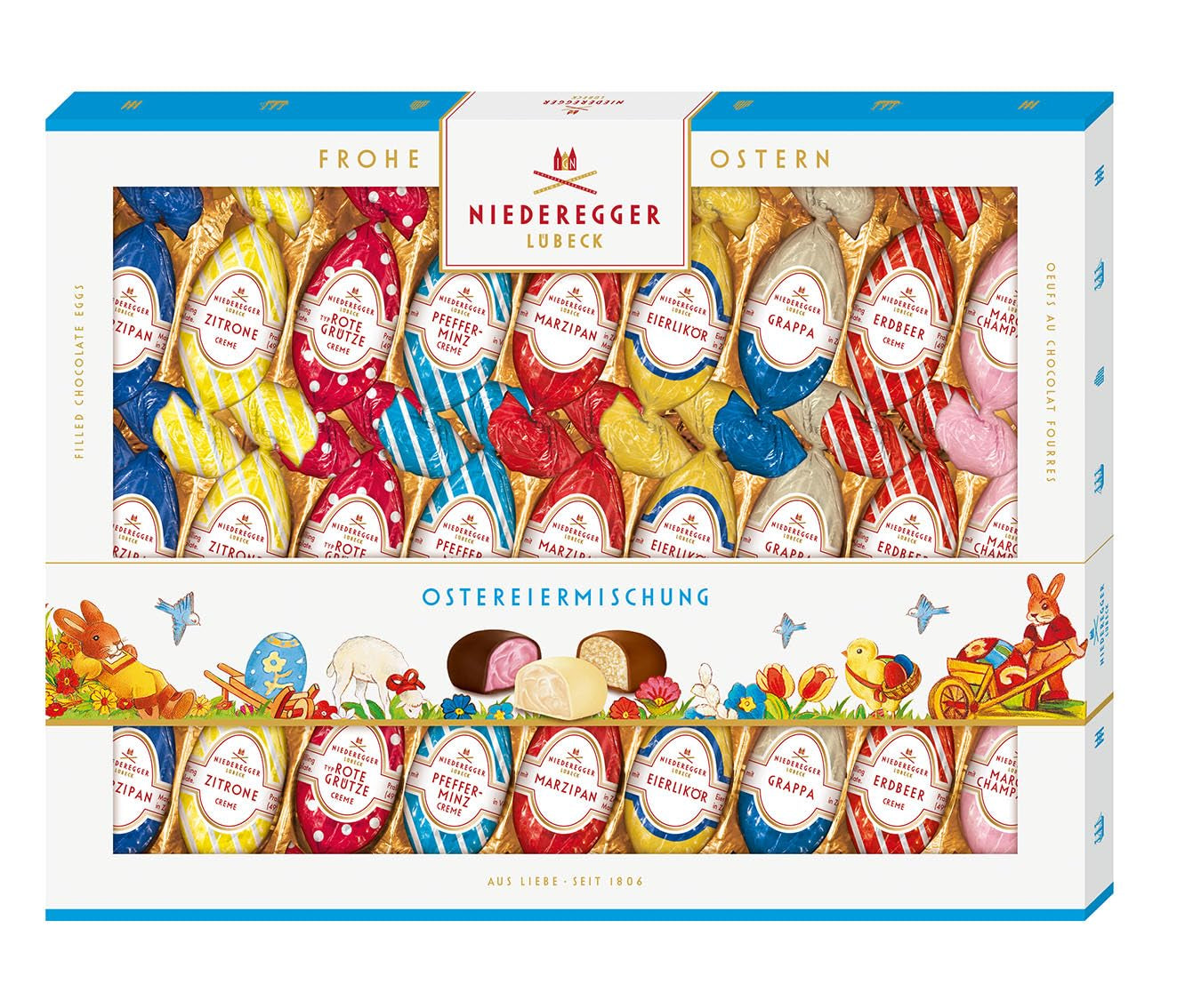 Niederegger | Mieszanka jaj wielkanocnych | 1x337g | Pisanki z różnymi nadzieniami marcepanowymi i pralinowymi | Oblane gorzką, mleczną i białą czekoladą | Prezent wielkanocny