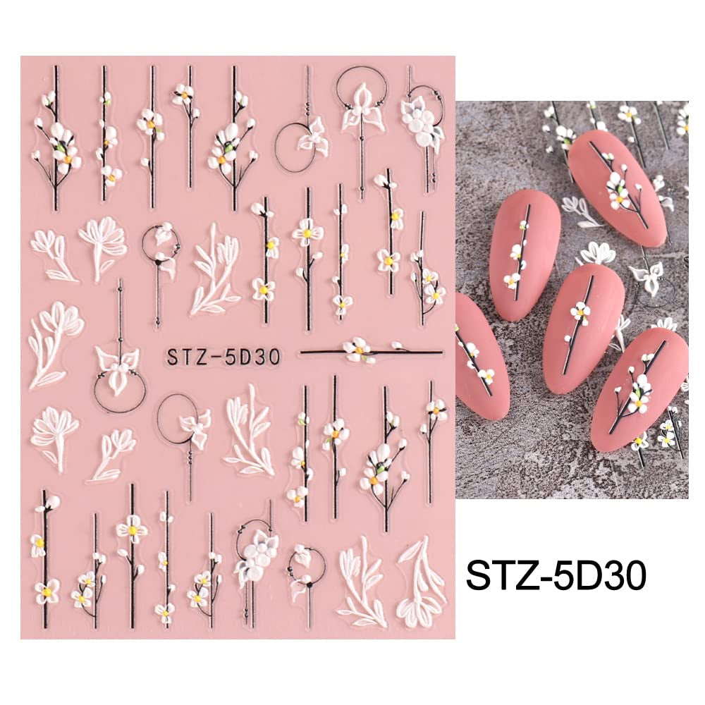 4 Blatt 3D Nagelsticker Frühling Blume Nagelaufkleber 5D Stereoskopisch Selbstklebend Nail Art Naklejka Dekoration Nageldesign Zubehör