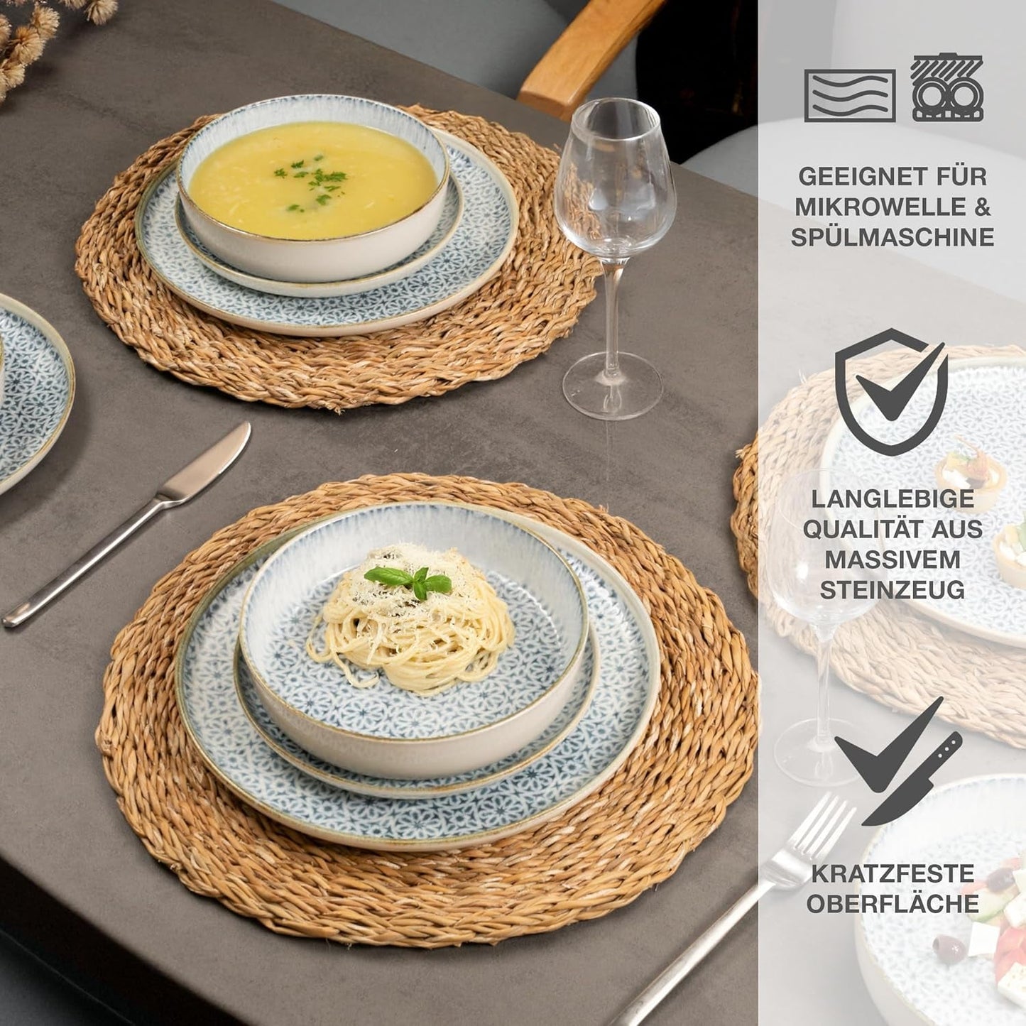 Zestaw naczyń obiadowych Moritz & Moritz ALHAMBRA na 6, 18 sztuk, wysokiej jakości porcelana - Nowoczesne niebieskie naczynia stołowe - Zestaw łatwy w pielęgnacji Zawiera 6 talerzy obiadowych, 6 talerzy deserowych i 6 misek