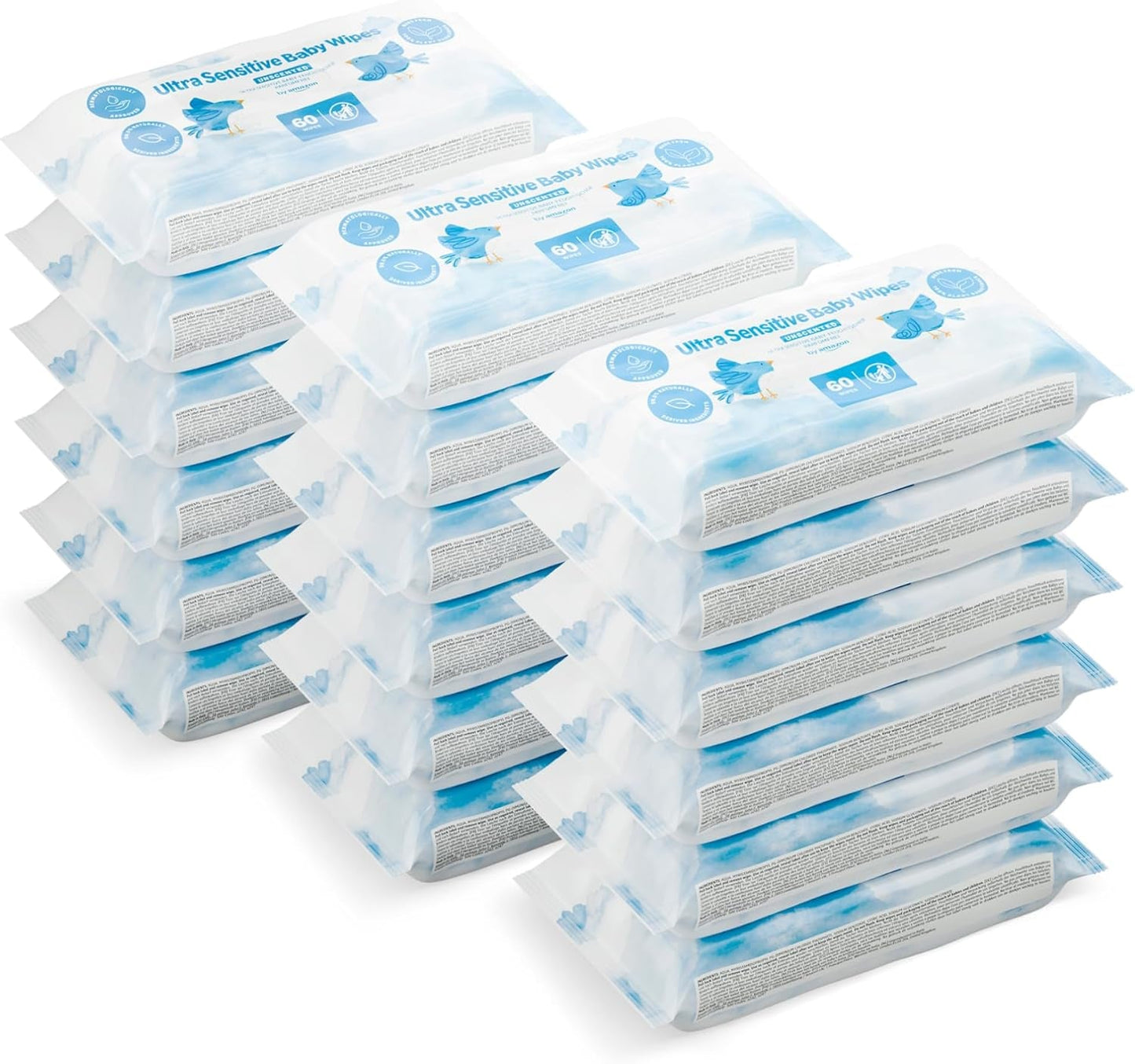 Chusteczki dla niemowląt Amazon Ultra Sensitive, 1080 chusteczek, bezzapachowe, 18 opakowań po 60 chusteczek (dawniej marka Amazon, identyczny produkt)