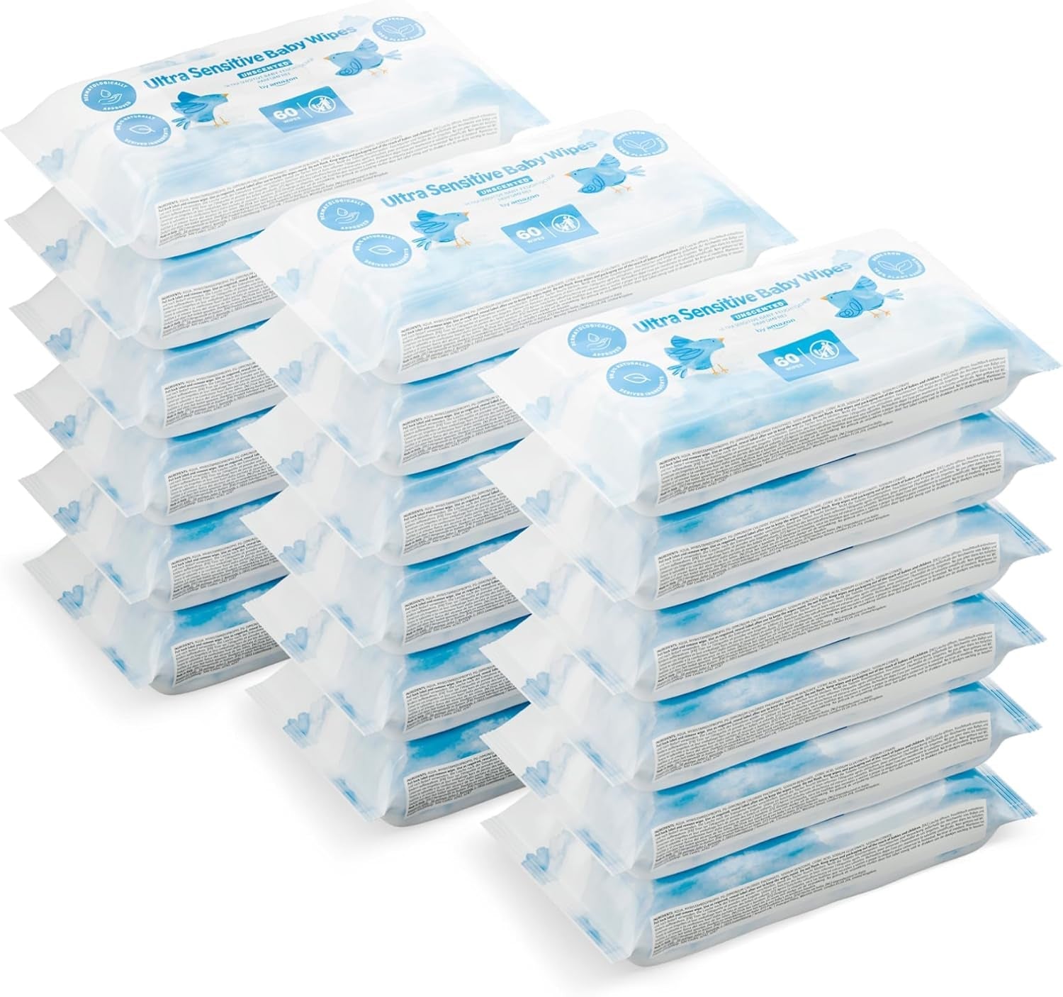 Chusteczki dla niemowląt Amazon Ultra Sensitive, 1080 chusteczek, bezzapachowe, 18 opakowań po 60 chusteczek (dawniej marka Amazon, identyczny produkt)