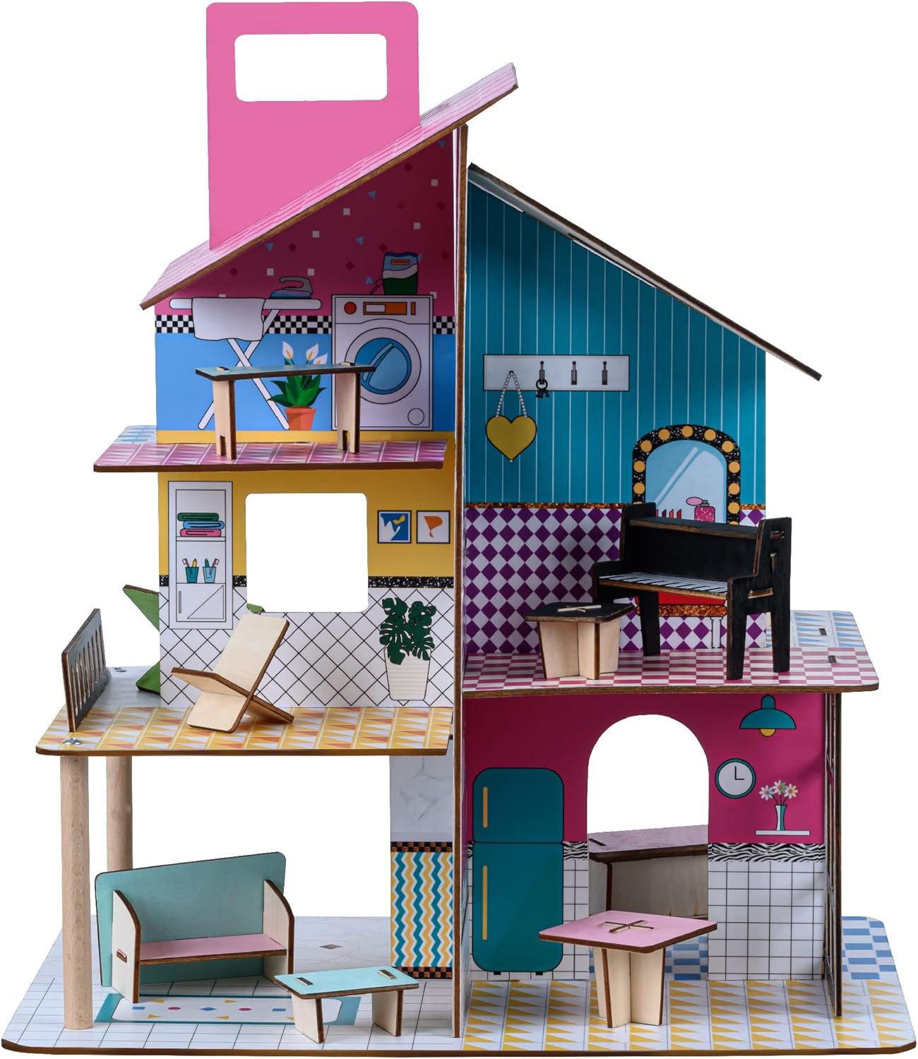 Olivia'S Little World 360 drewniany domek dla lalek dla dzieci 3,5 "lalek i 12 akcesoriów Multicolor TD-13260C domki dla lalek Naty Shop
